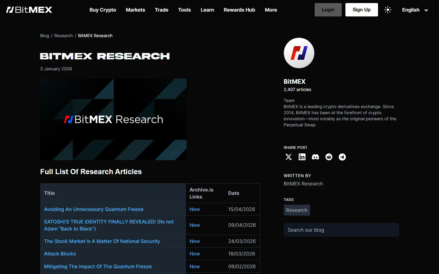 BitMEX Research page listing research articles