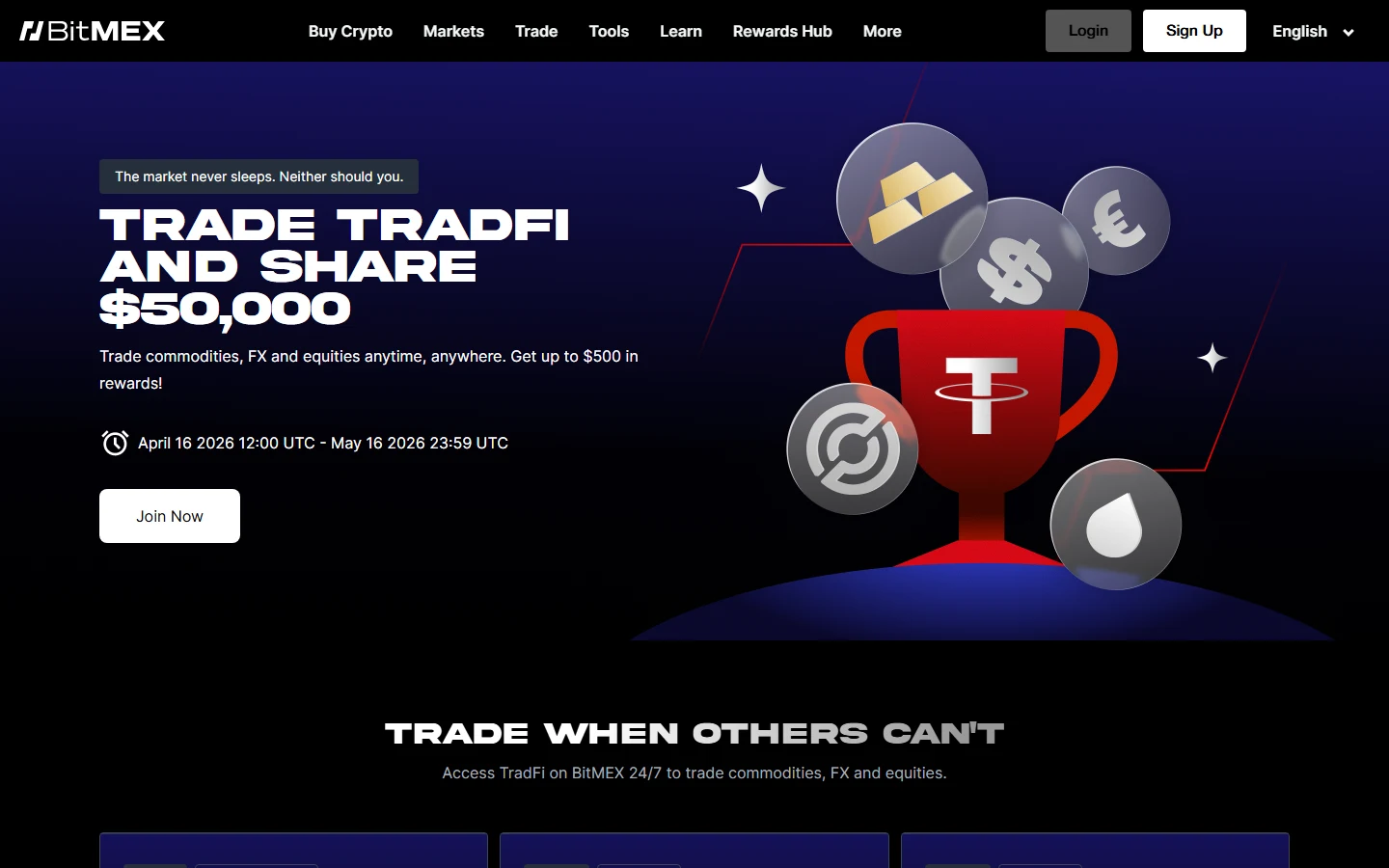 BitMEX TradFi Trade & Earn campaign landing page with trophy artwork and a $50,000 reward pool
