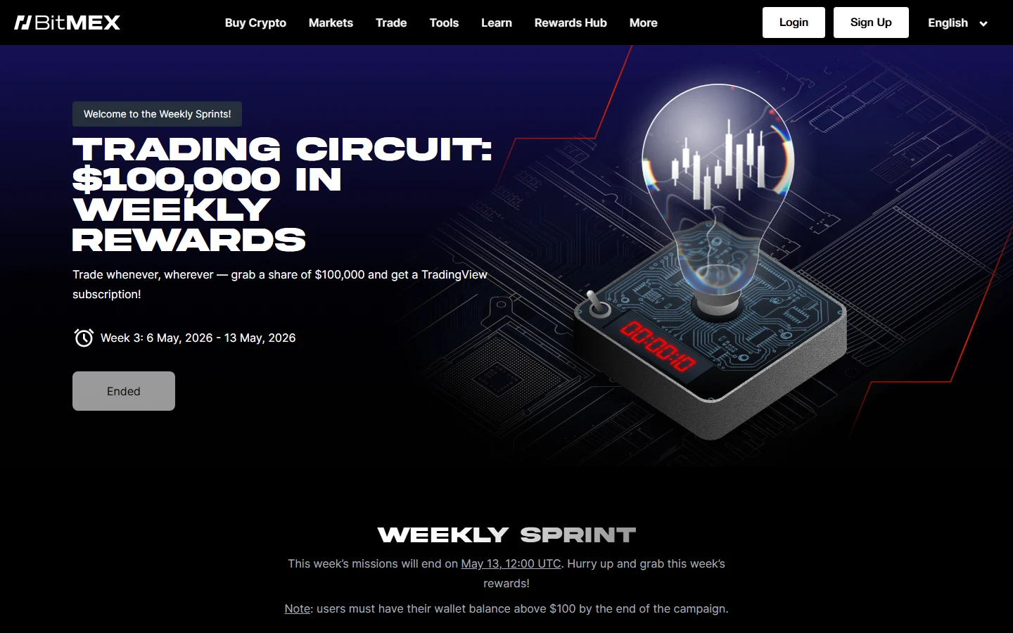 BitMEX Trading Circuit competition landing page with $100,000 in weekly rewards