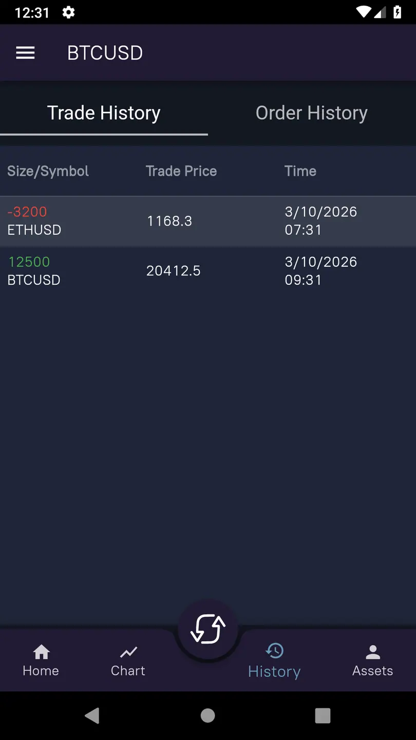 C-Trade Flutter app history screen