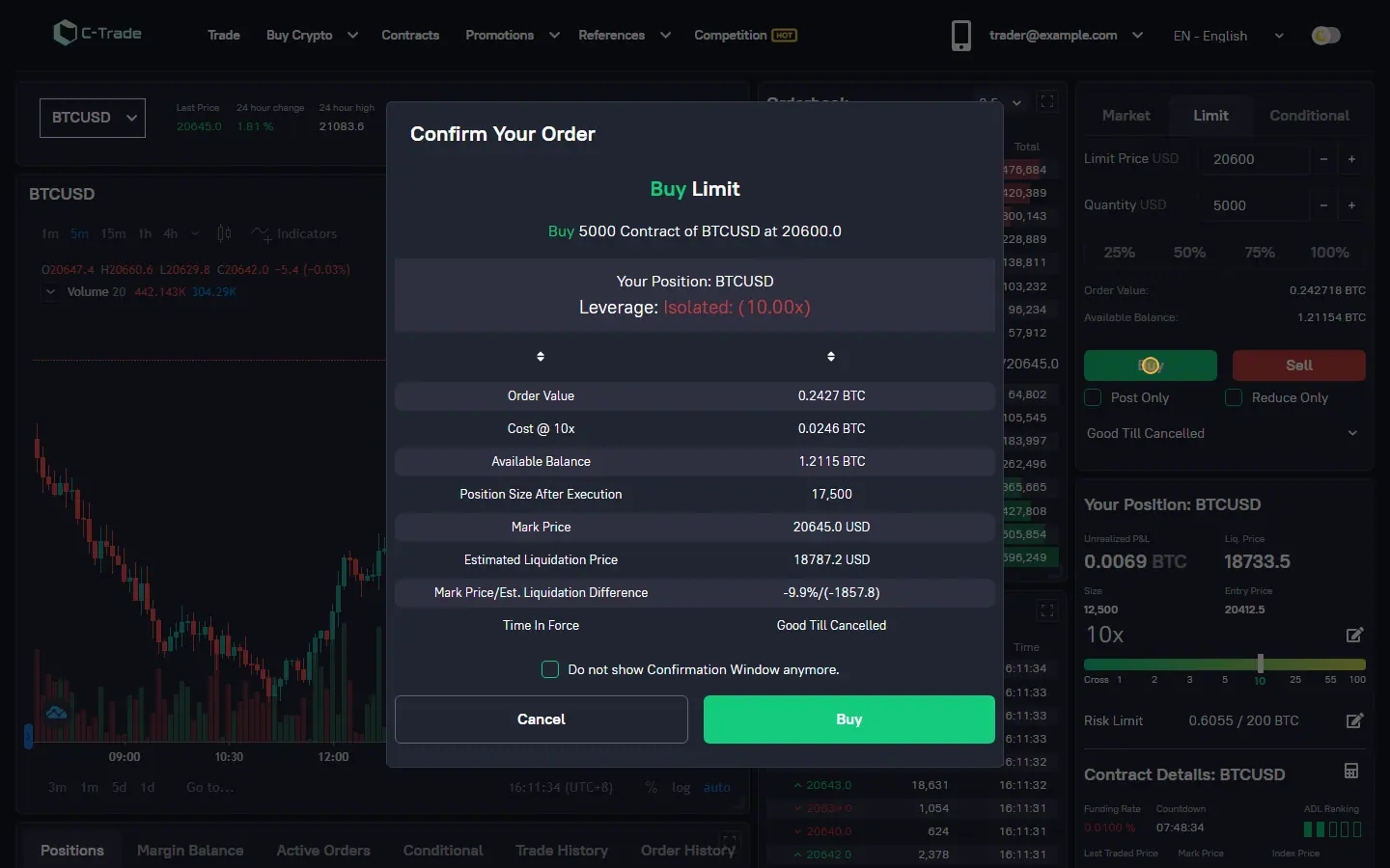 C-Trade order confirmation dialog for a limit buy