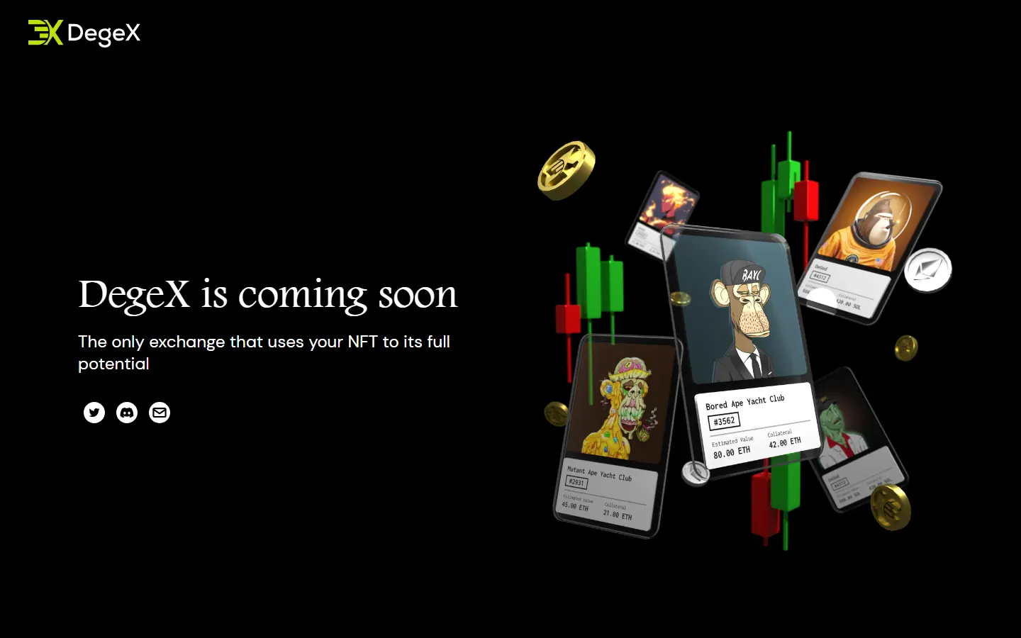 DegeX coming-soon page with NFT cards and candlesticks
