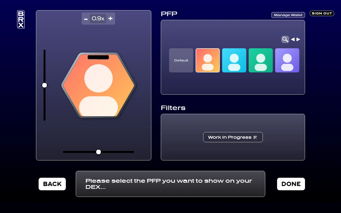 PFP builder with the chosen picture clipped to the DEX screen, zoom and position controls and a row of selectable pictures