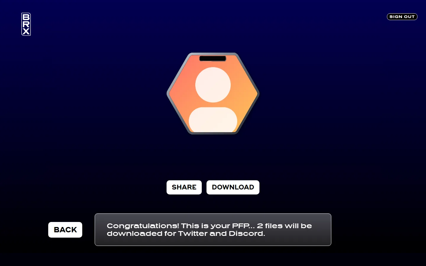 Finished DEX profile picture with Share and Download buttons