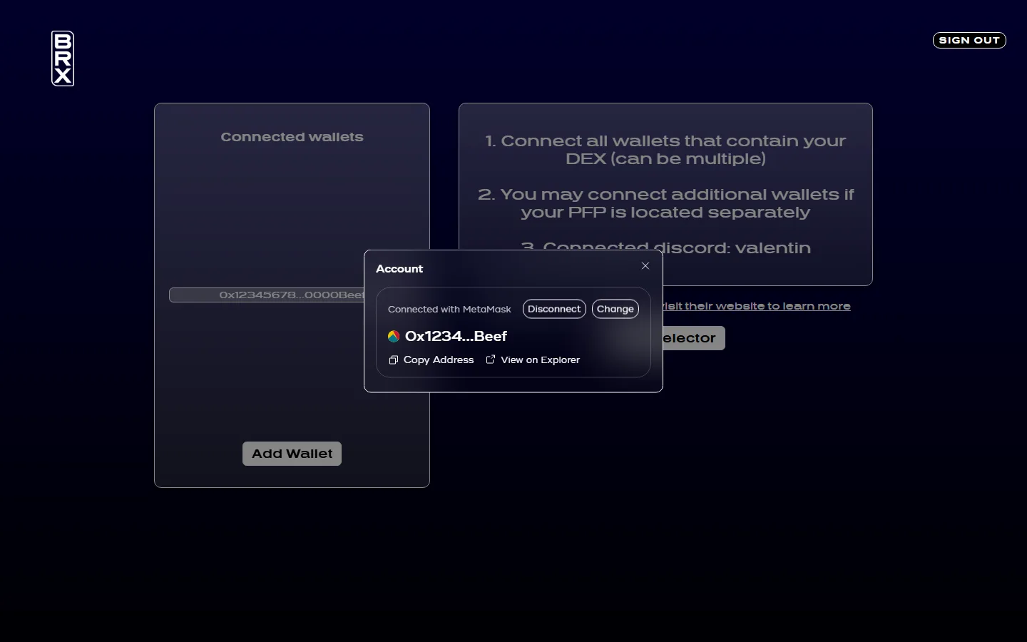 Connected wallets screen listing a wallet, an Add Wallet button and the linked Discord account