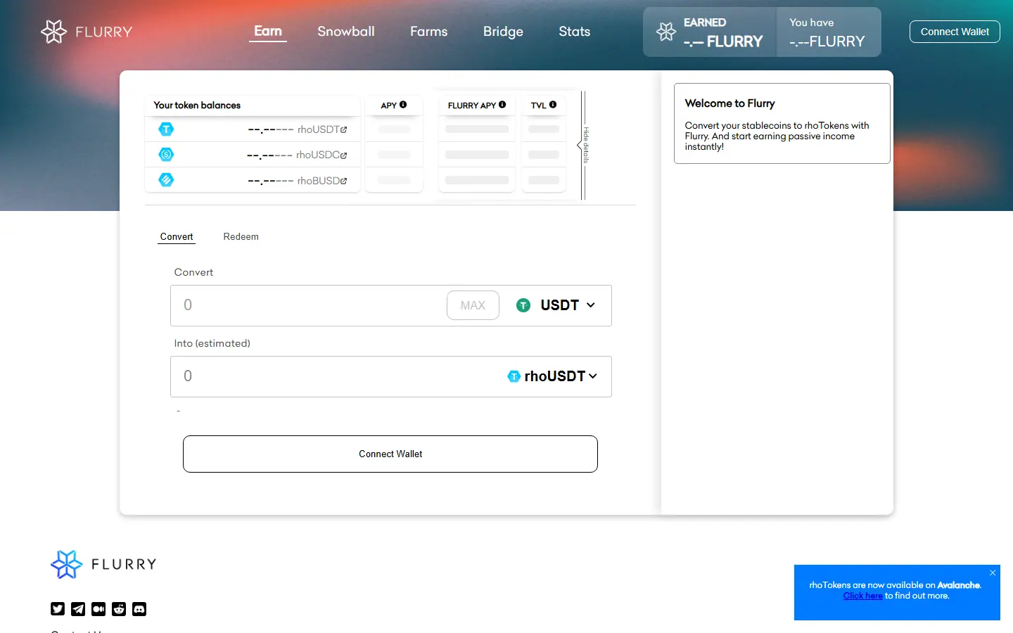 Flurry web app showing token balances and a stablecoin conversion form