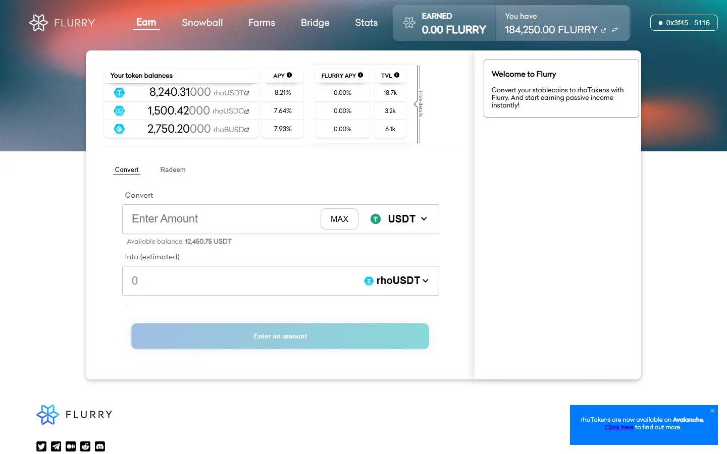 Flurry dApp with a connected demo wallet showing rhoToken balances and APYs