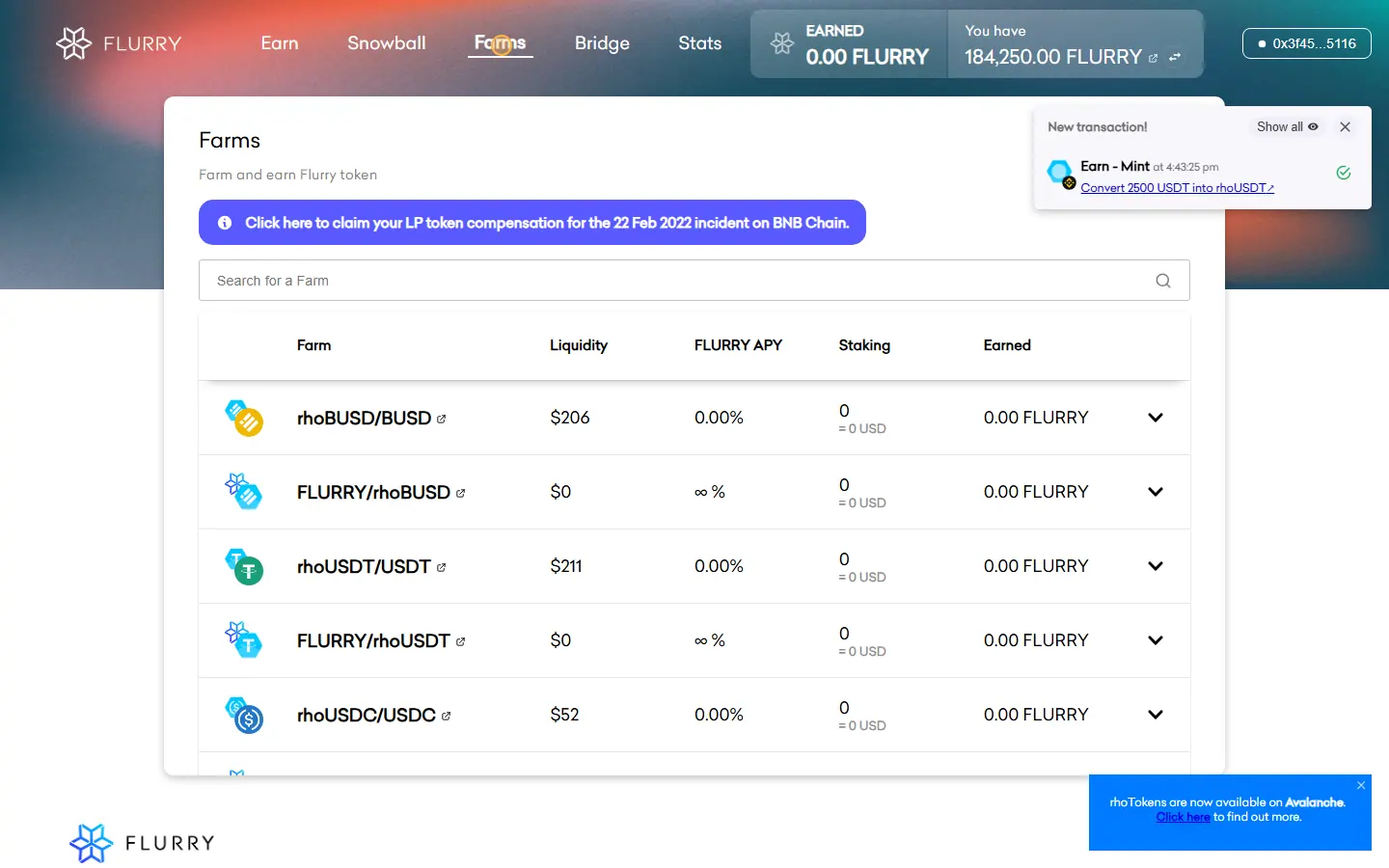 Flurry Farms page listing liquidity pools