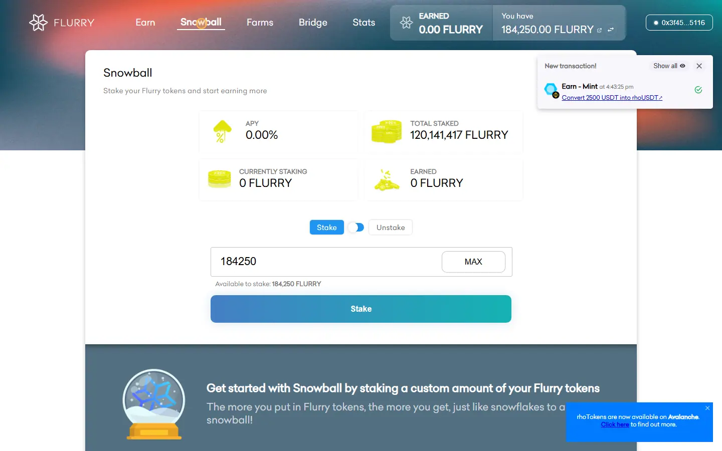 Flurry Snowball staking page