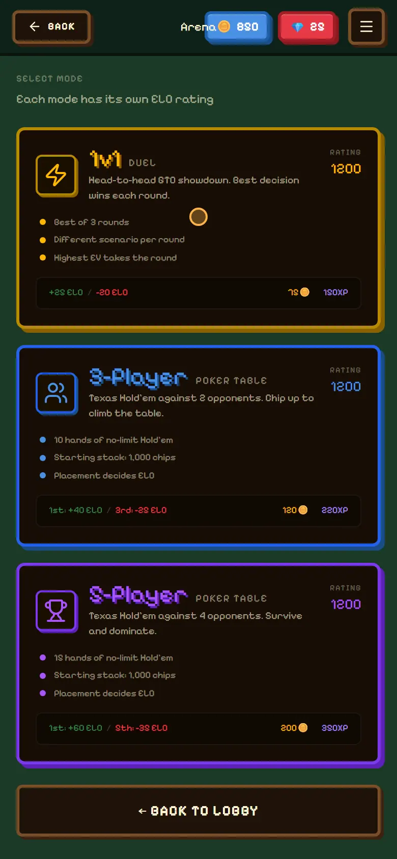 Arena mode selection: 1v1 duel, 3-player and 5-player tables
