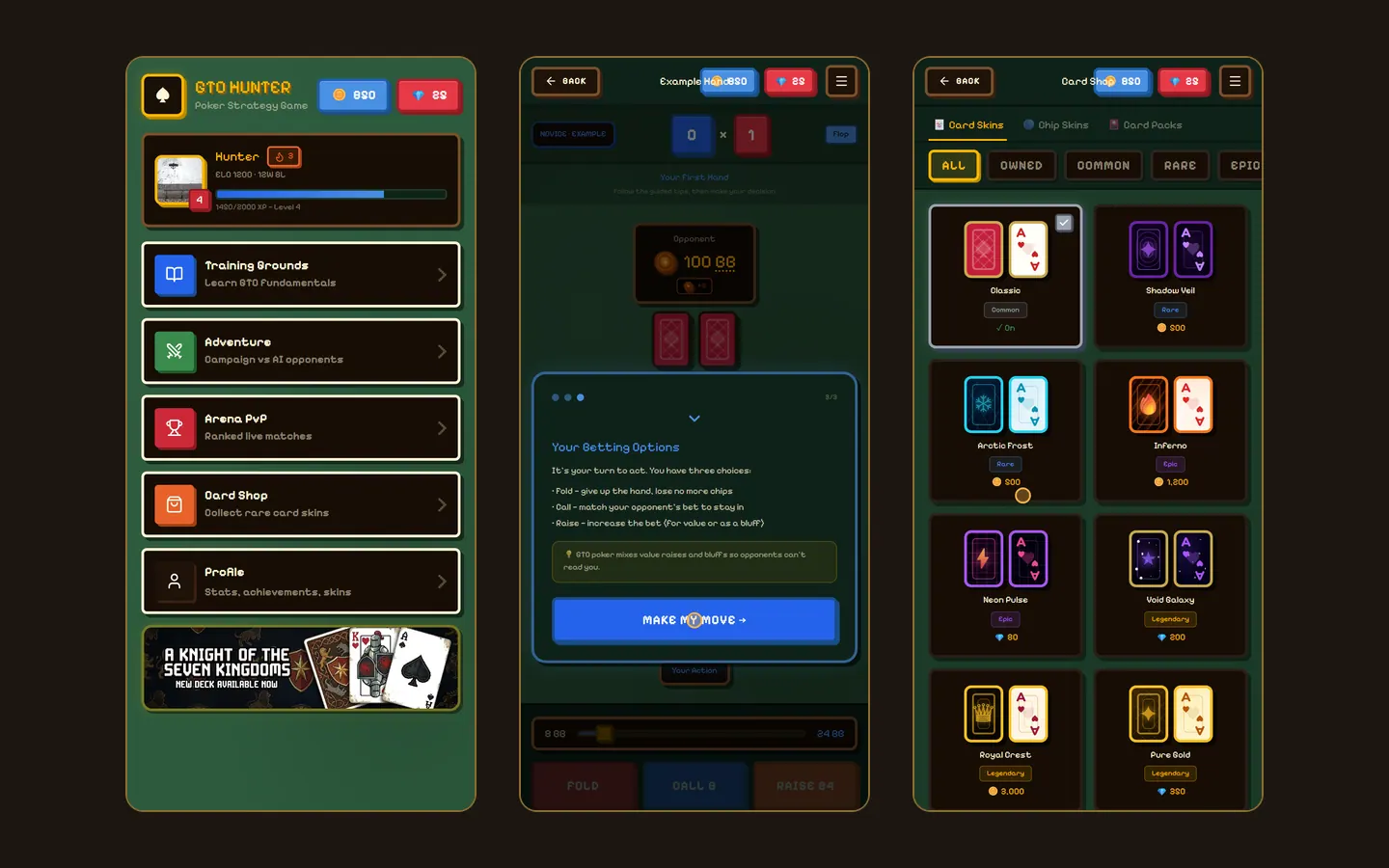 Three GTO Hunter phone screens: the hub, a guided example hand and the card shop