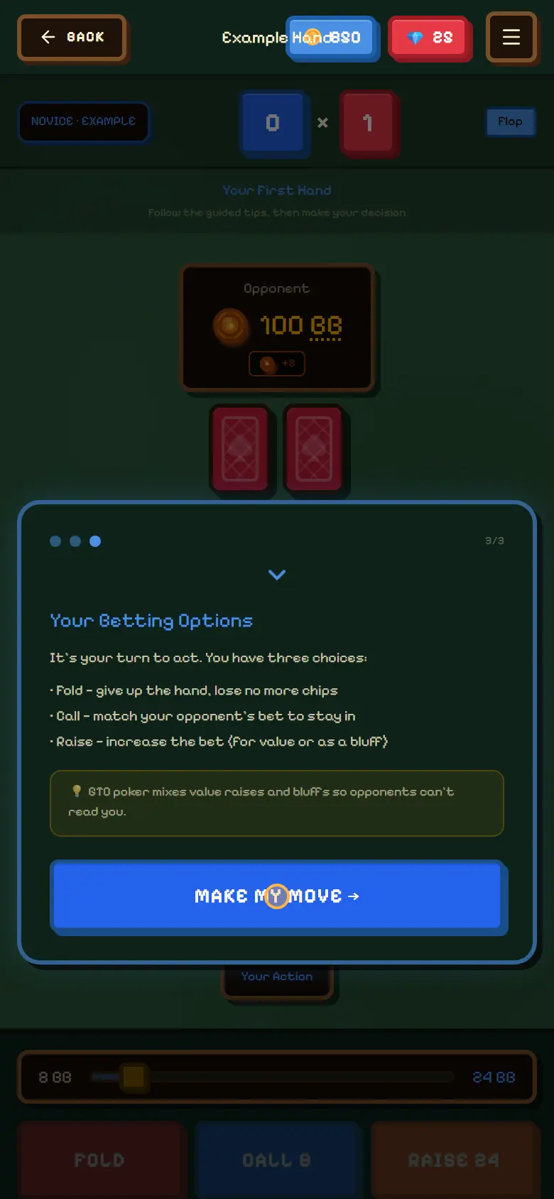 A guided example hand with tips explaining betting options