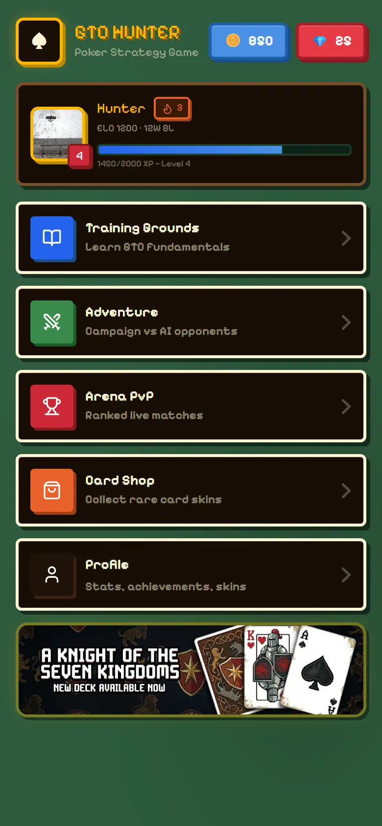 GTO Hunter hub with training, adventure, arena, shop and profile