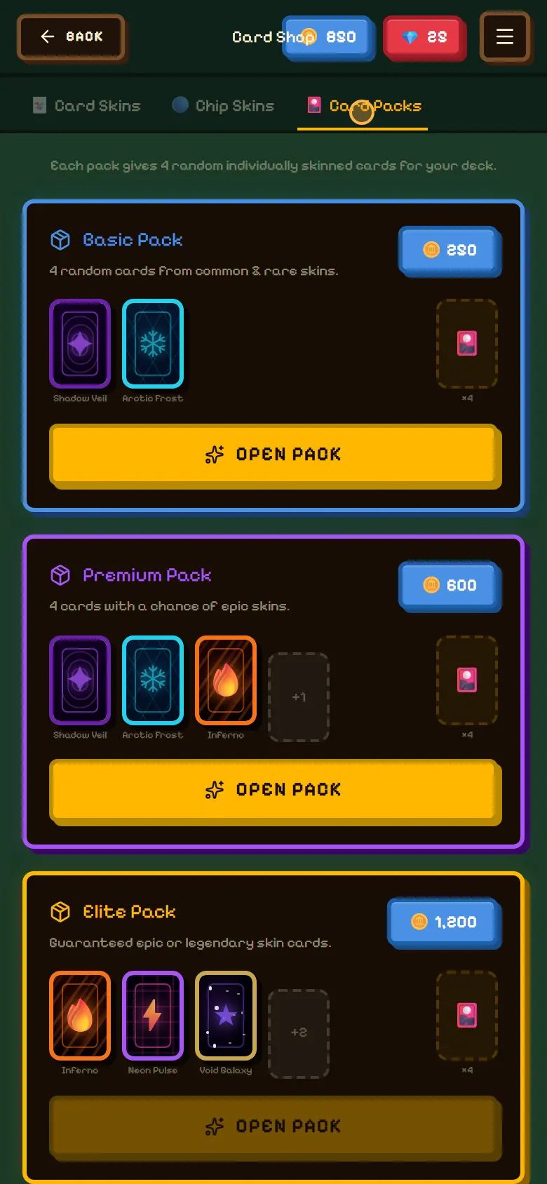 Card packs: basic, premium and elite