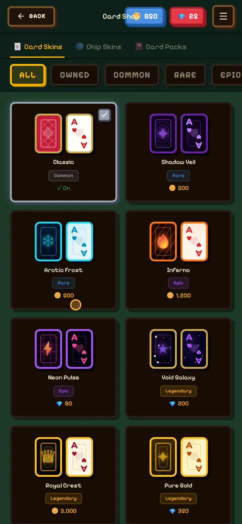 Card shop with card skins by rarity