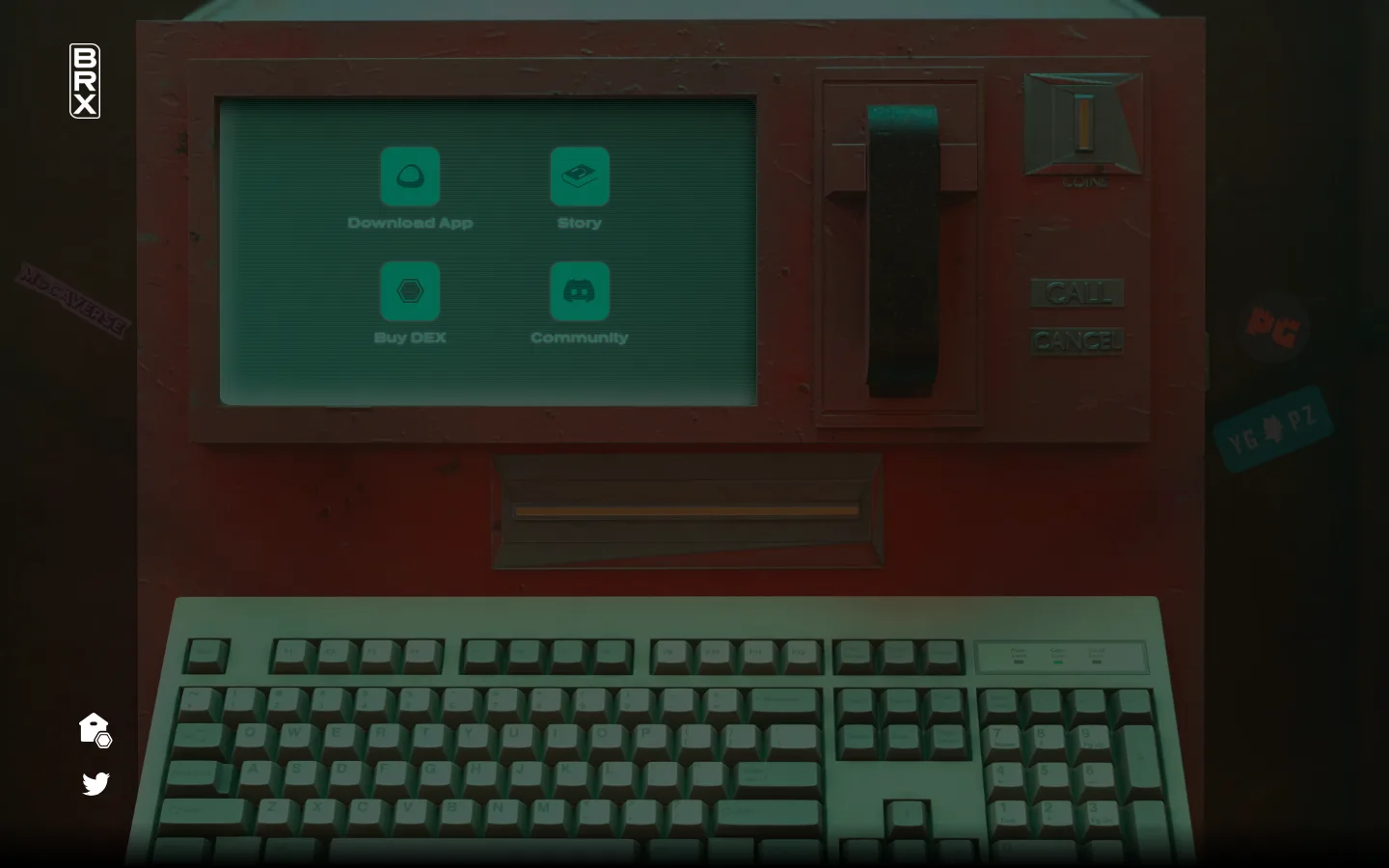 Close-up of the ProjectBRX payphone screen with Download App, Buy DEX, Story and Community buttons above the keyboard
