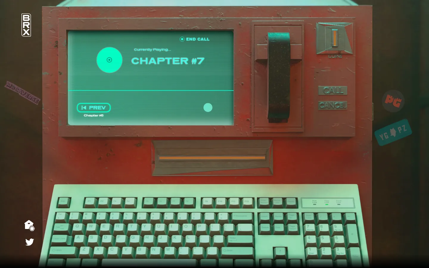 ProjectBRX payphone on Chapter 7, the last chapter, with Prev and End Call controls