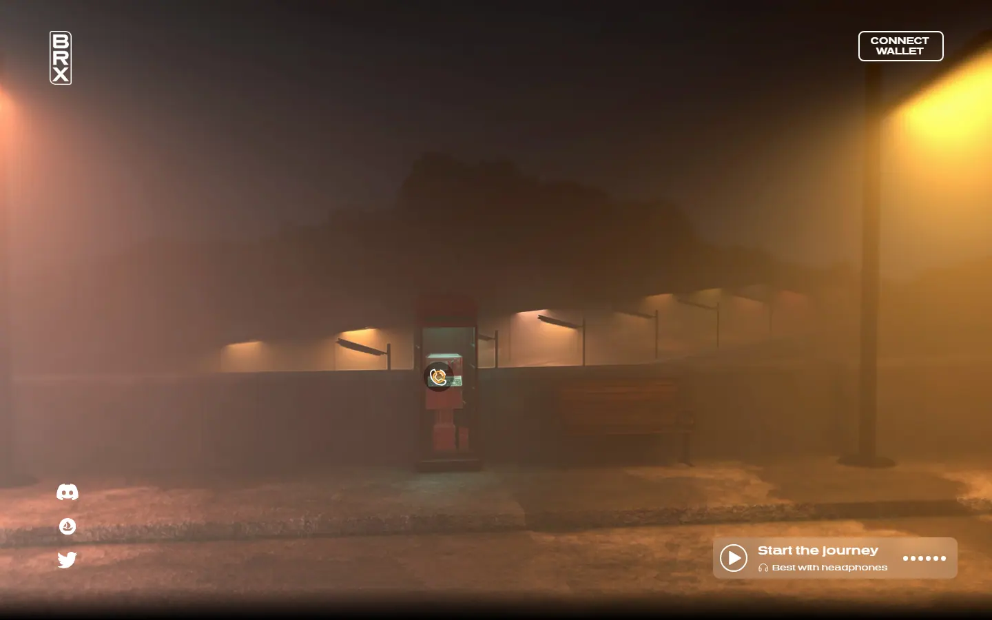 ProjectBRX night scene: a red phone booth under street lights in the fog