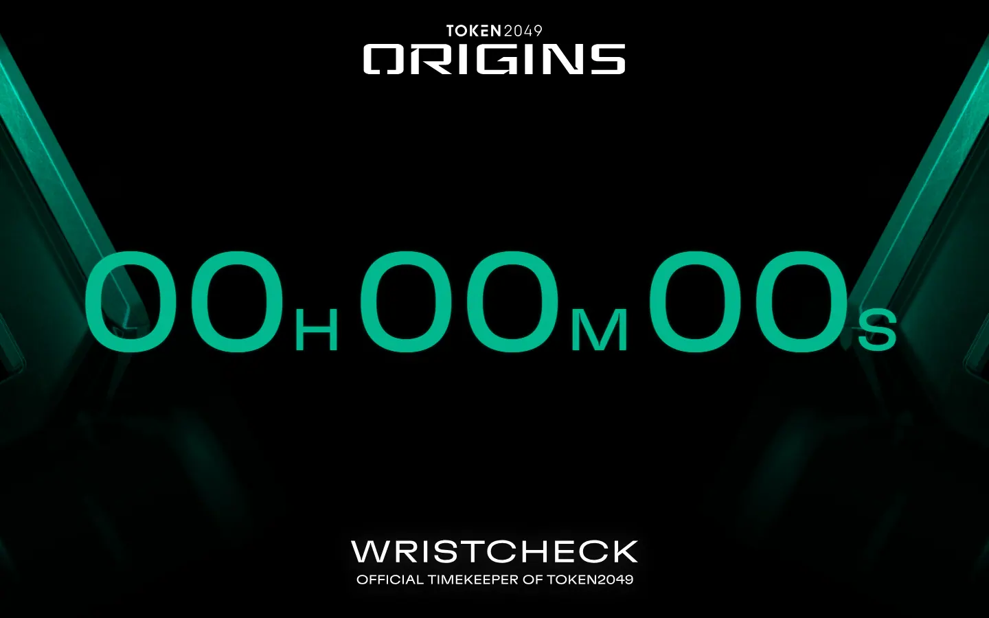TOKEN2049 Origins hackathon timer in large green digits with the Wristcheck logo