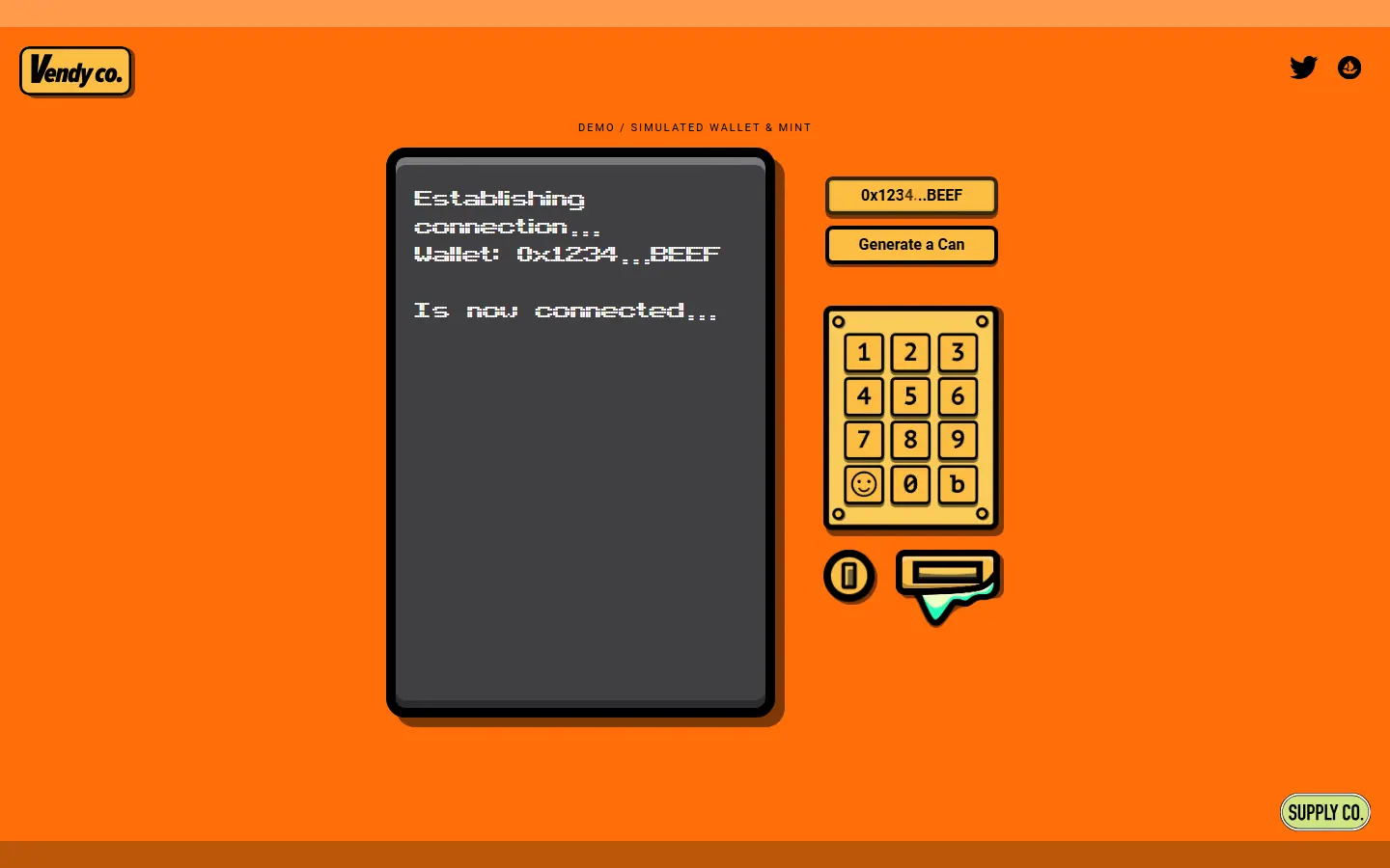 Local Vending Co demo showing a simulated connected wallet and Generate a Can button