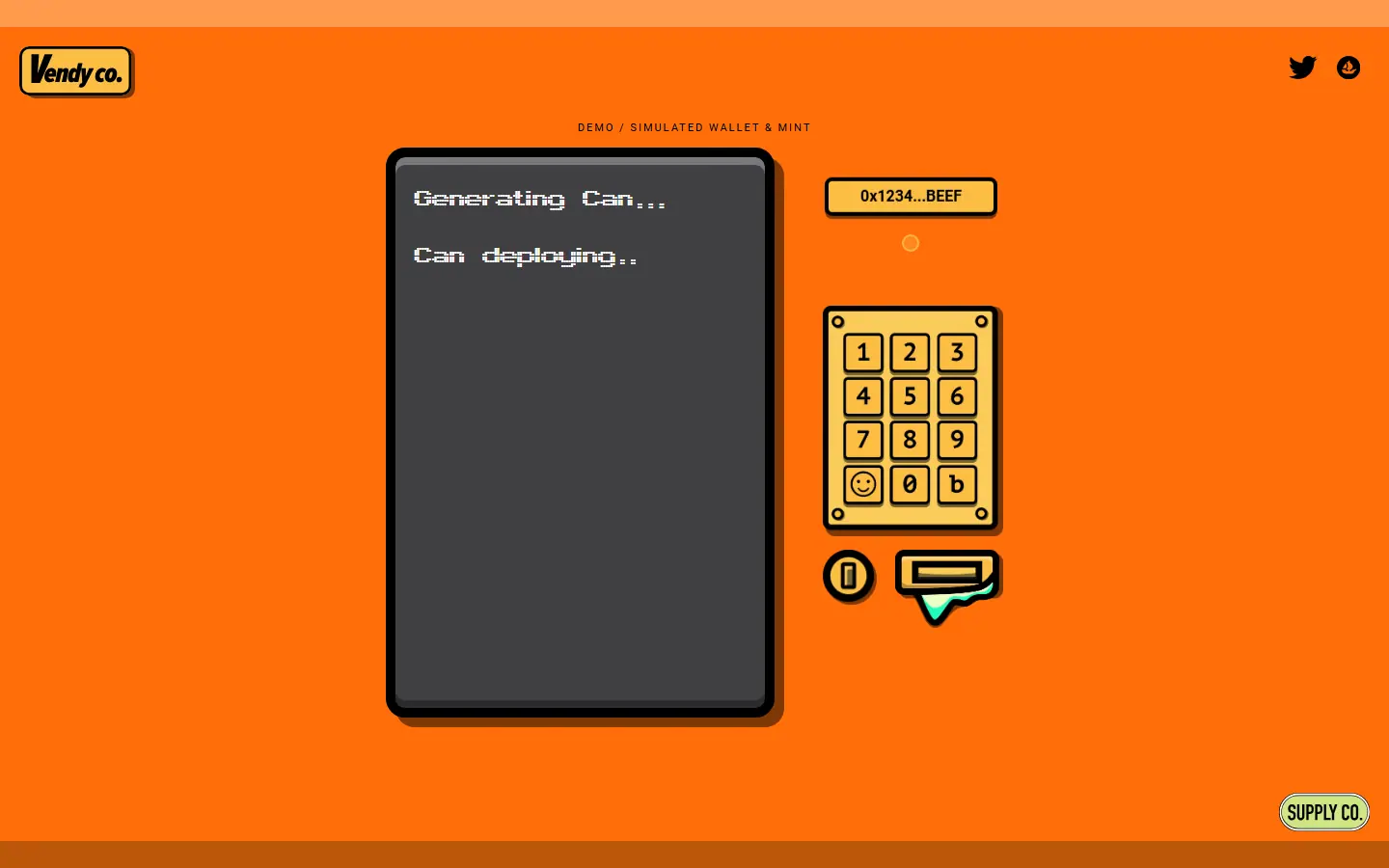 Local Vending Co demo displaying the generating-can state