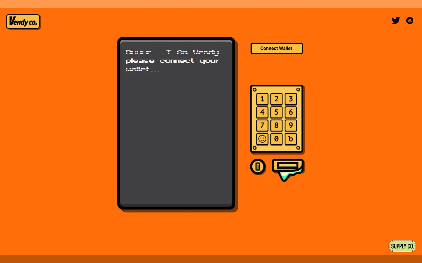 Vending Co. site styled as a pixel vending machine asking the visitor to connect a wallet