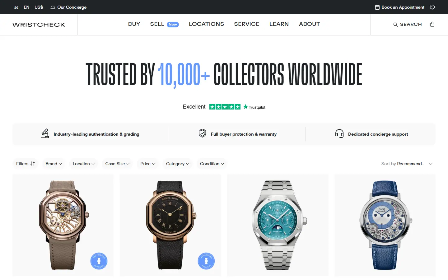 Wristcheck catalogue with filters and trust badges above a grid of watches