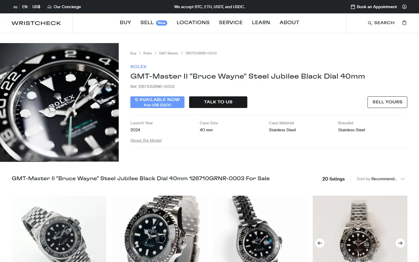 Wristcheck product page for a Rolex GMT-Master II with available listings
