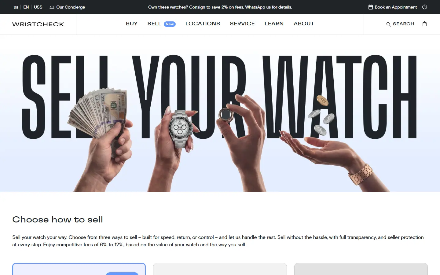 Wristcheck sell page offering consignment, instant sale or an online listing